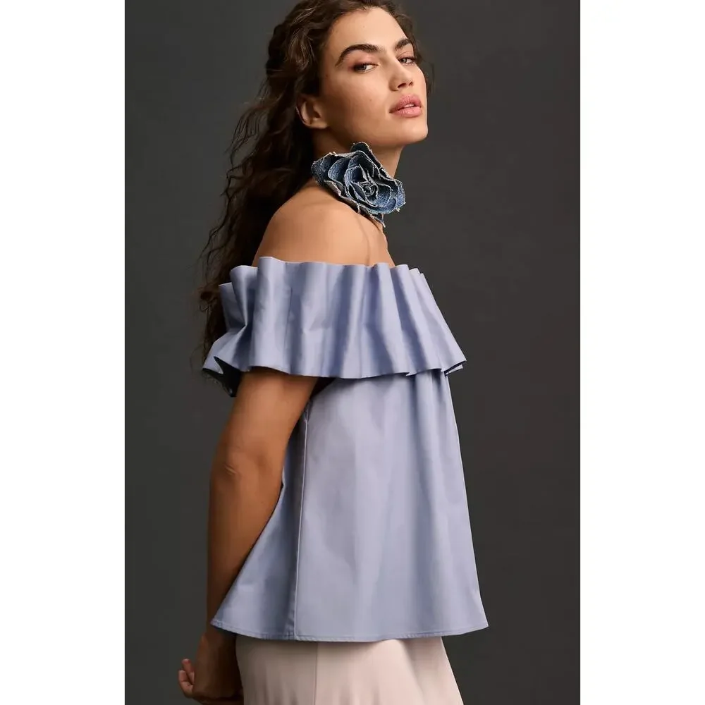 NWT Anthropologie Mare Mare Pleated Off Shoulder Blue Top - Small